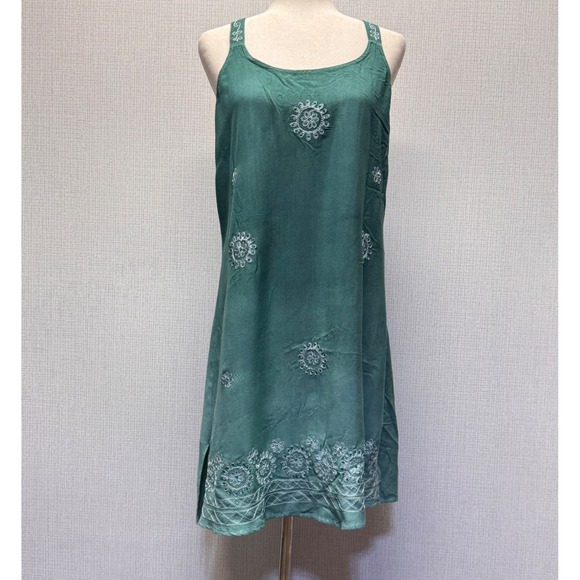 raya sun Dresses & Skirts - Raya Sun Embroidered Shift Dress Womens M Green Boho Beaded Cottagecore Festival